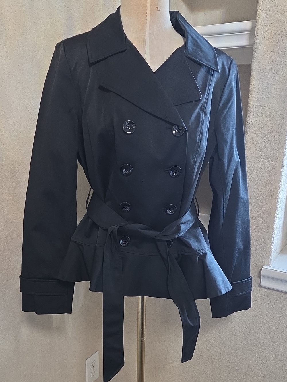 New York & Company Black Double-Breasted Trench Jacket with Waist Tie